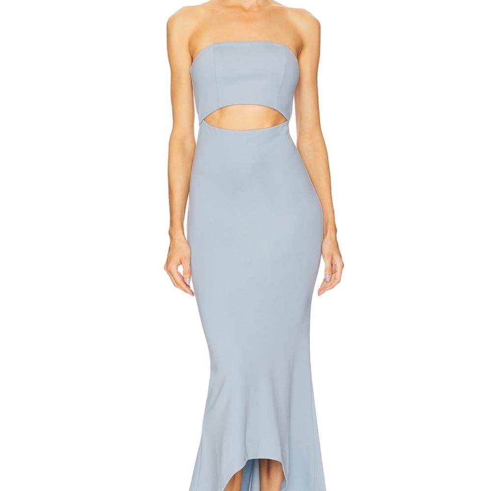 REVOLVE Asymmetrical Blue Strapless Bodycon Dress
